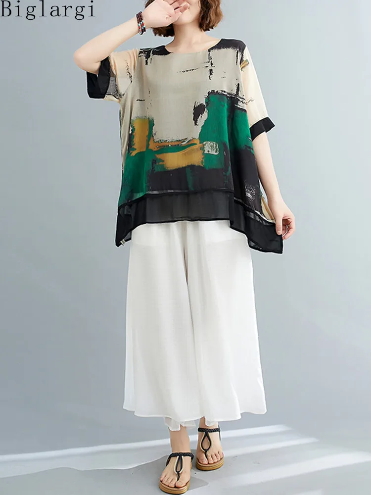 

Oversized Summer Chiffon Print T Shirt Women Casual Loose Big Size T-Shirt Korean Ladies Womens Chic 2022 New Retro Tshirts