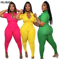 hljgg 2022 casual sport wear playsuit sexy turn down collar zip pocket deep v rompers womens playsuits skinny solid streetwear