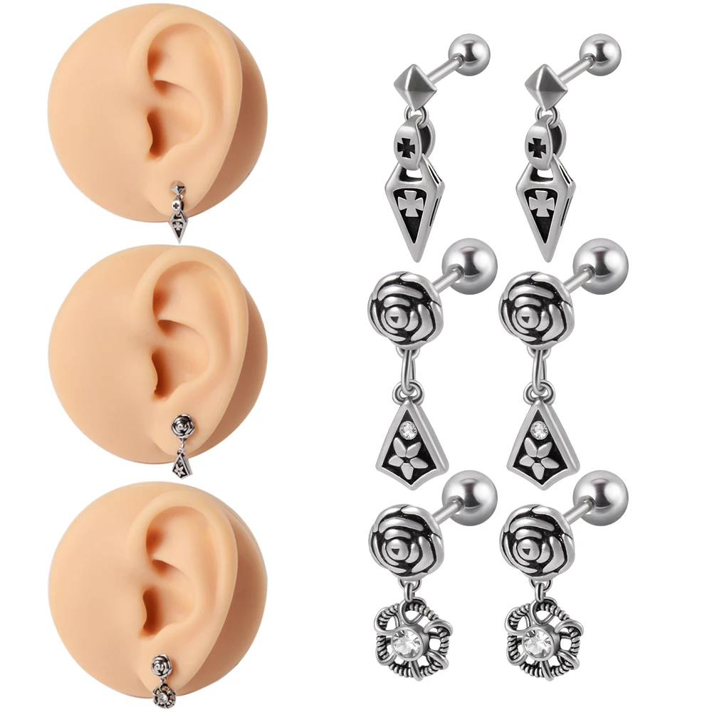 

1PC Surgical Steel Vintage Punk Silver Rose Pendant Earrings Helix Screw Back Stud Body Piercing Jewelry 16G
