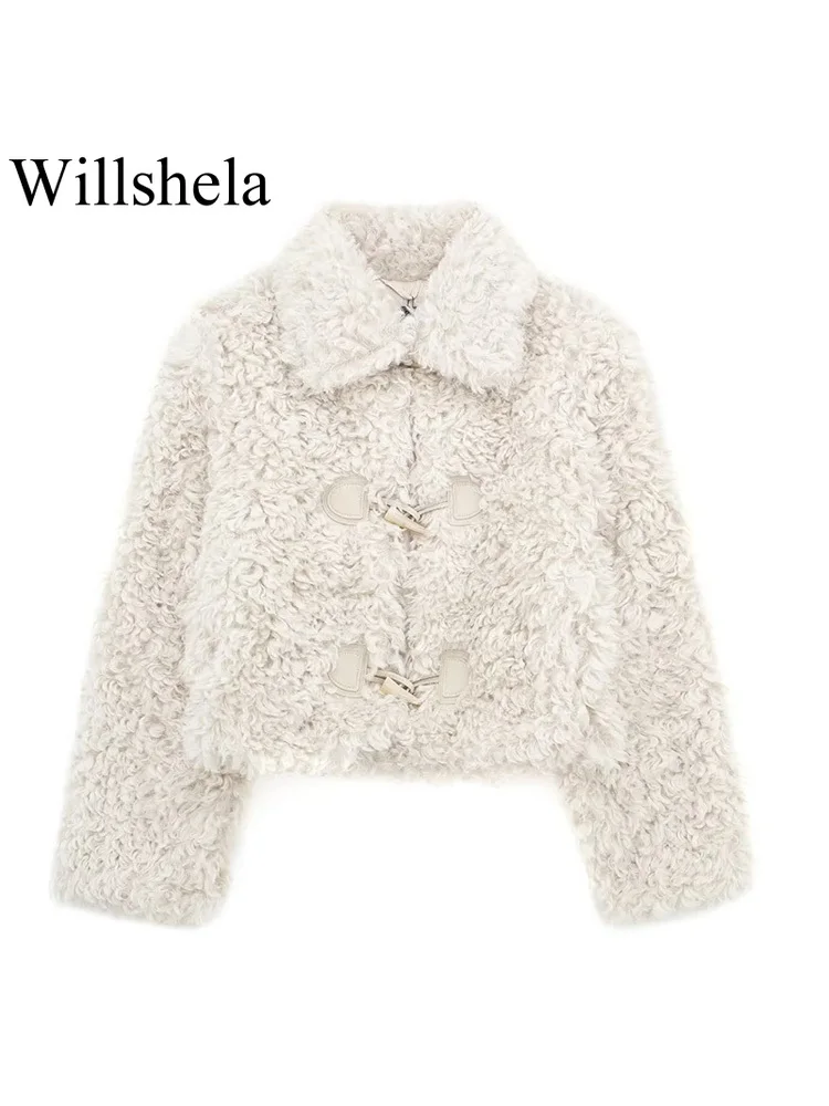 

Willshela Women Fashion Beige Horn Button Jackets Vintage Lapel Neck Long Sleeves Female Chic Lady Outfits