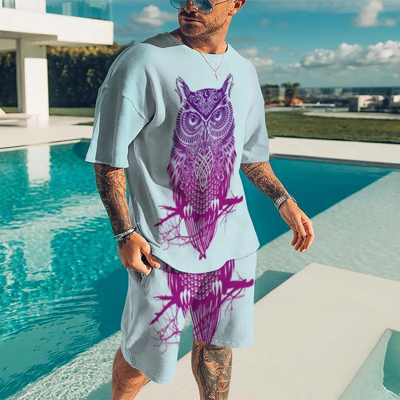 2023 Summer Tracksuit Short Sleeve Fashion Clothing For Men 3D Printed Set Casual T-shirt Top O-neck Owl Pattern Oversized