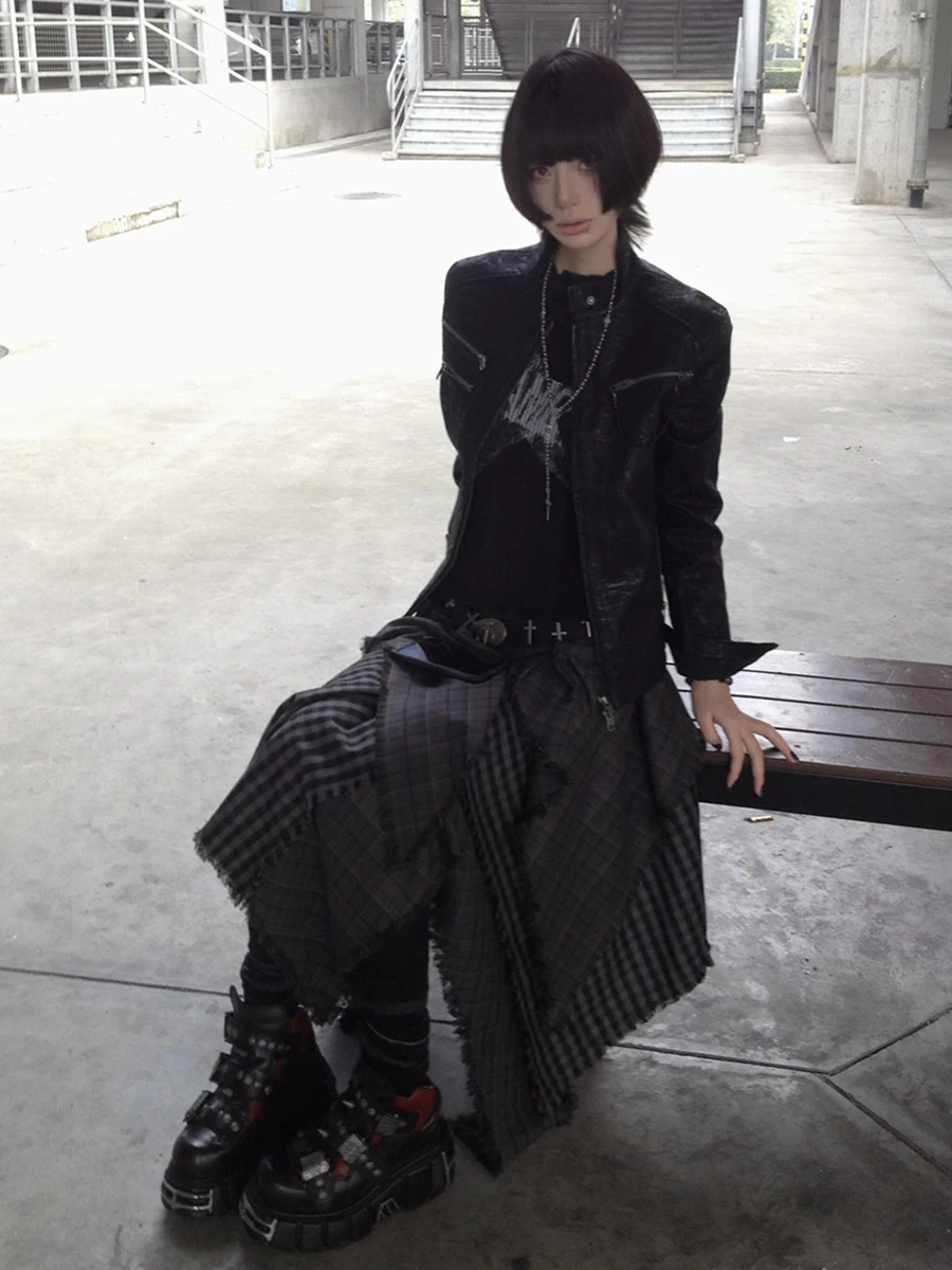 RORORIRI винтажная серая клетчатая юбка с нерегулярной строчкой женская высокой