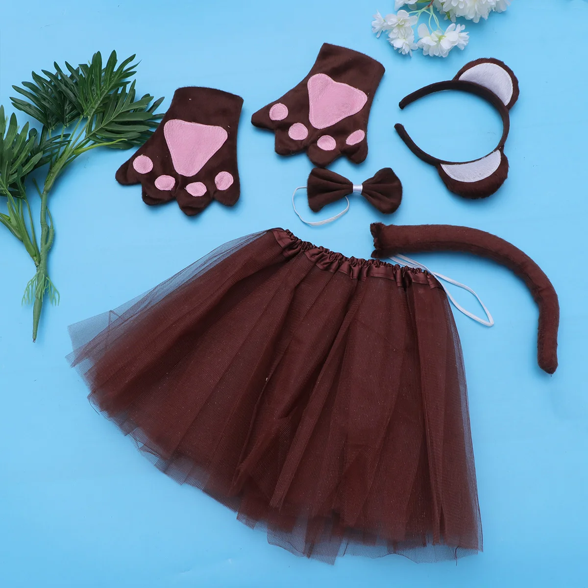 5pcs in 1 Set Creative Animal Monkey Cosplay Costume Headband Bow Tie Paws Gloves Tail Mesh Skirt Kids Performance Stage Hal