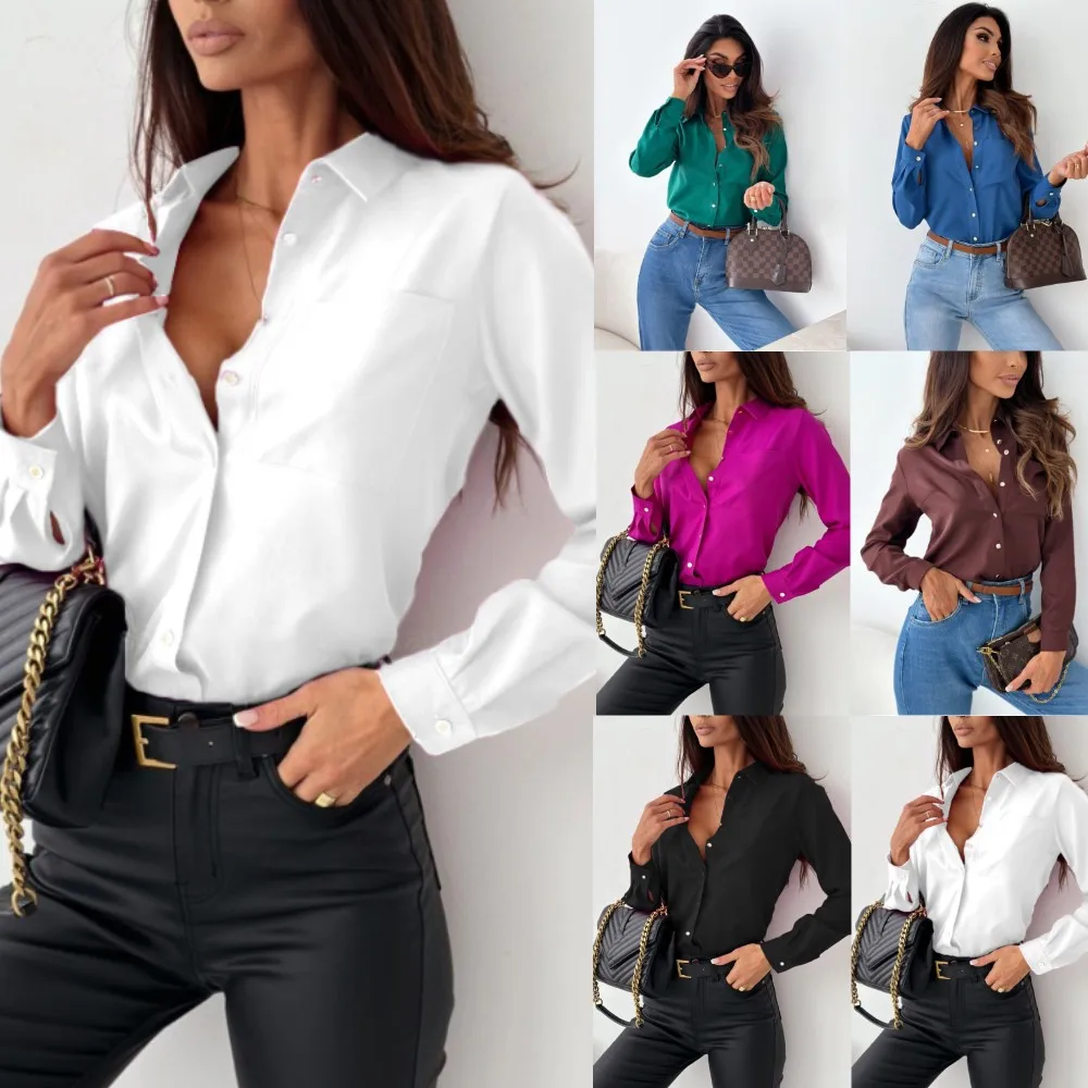 

Elegant Long Sleeve Solid Color Lapel Blouses Women 2023 Autumn Office Lady Shirt Casual Loose Button Up Female Shirts Tops