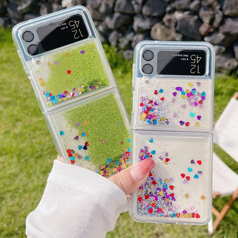 Противоударный чехол для Samsung Galaxy Z Flip 4 5G Flip3 Flip4, чехол-книжка для телефона с милыми сердечками, блестящими динамическими жидкими блестками