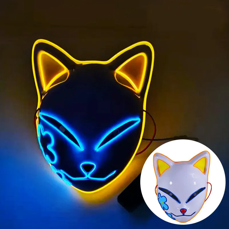 Halloween Demon Slayer Glowing Mask Anime Cos Props Night Ghost Dance LED Cat Face Shaped Mask Color Cosplay Costume Supplies