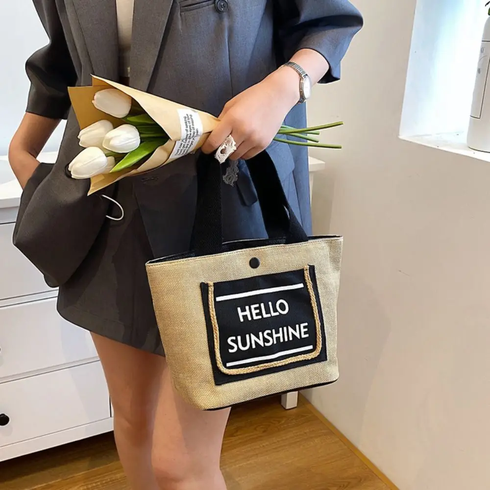 Letter Large Capacity Canvas Tote Bag Simple Tassel Handheld Woven Linen Handbag Japanese Style Makeup Bag Lady