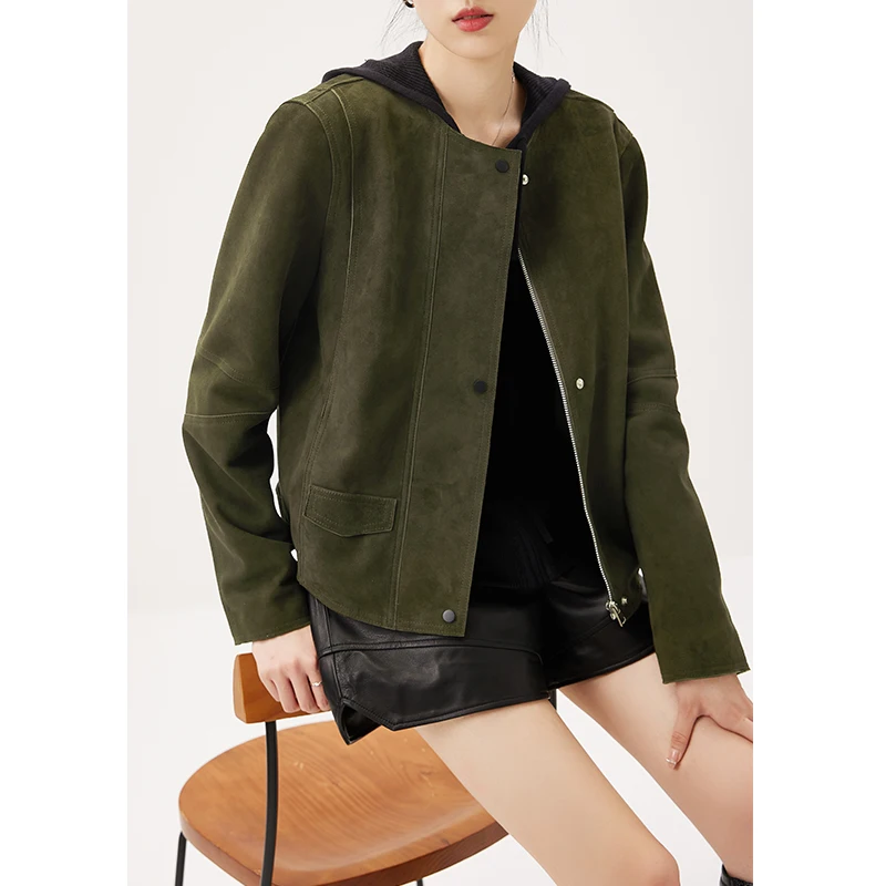 Fashion 2022 New American Retro  Kid Suede  Real Leather Jacket Women  Casaco Feminino Autumn/Winter Zipper Leather & Suede