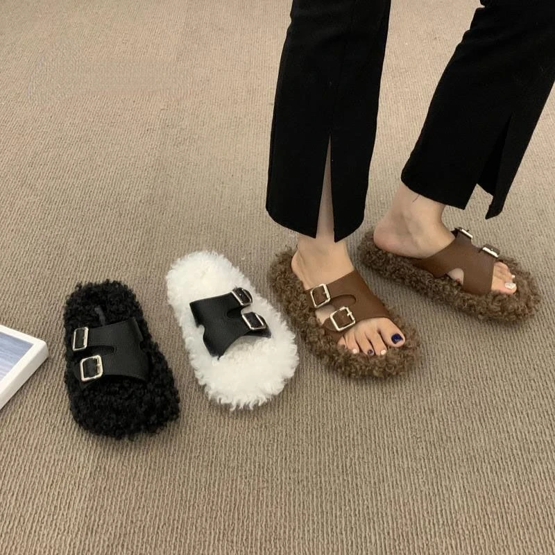 

Thick-soled Lamb Wool One Word Belt Slippers Autumn and Winter New Net Red Wool Shoes Women's Autumn and Winter Outer Wear 2022