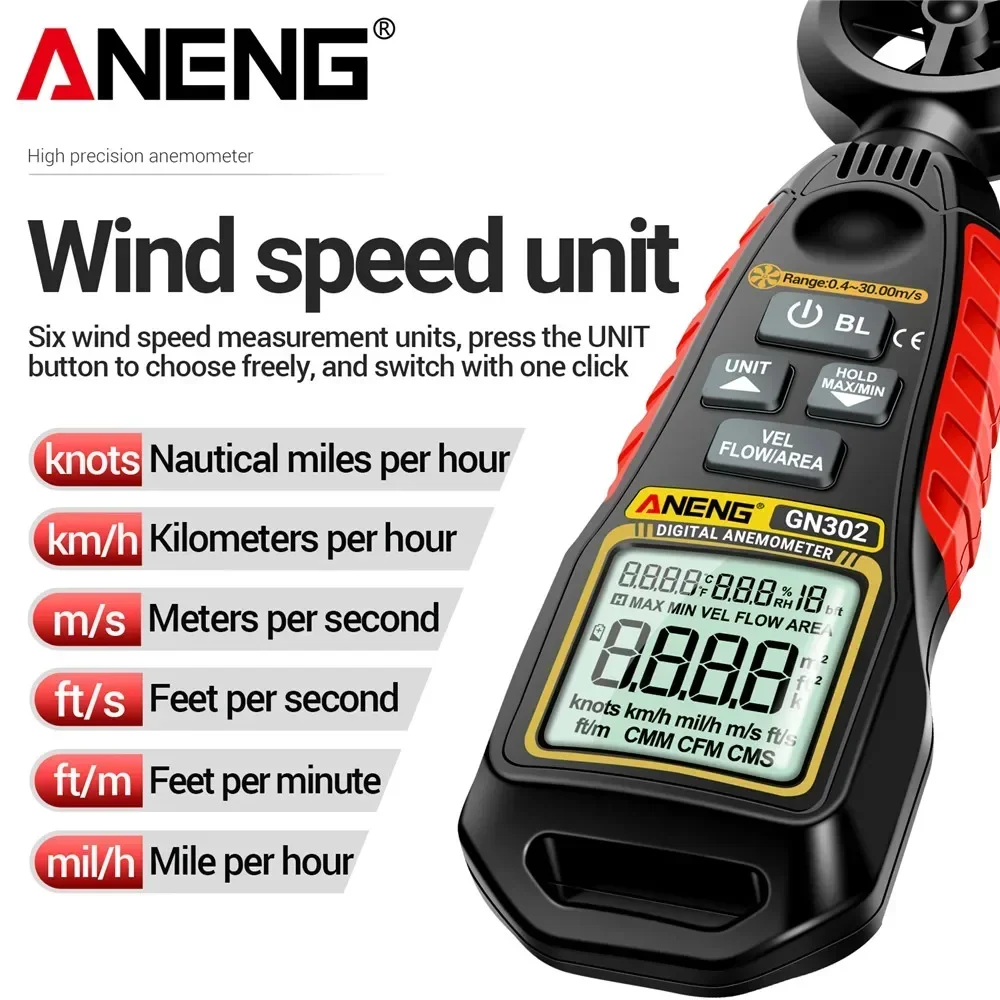 Фото Ручной анемометр ANENG GN302, 9999 отсчетов, цифровой 0,4 ~ 30,00 М/с, измеритель скорости ветра,-C ~ C, тестер температуры №3