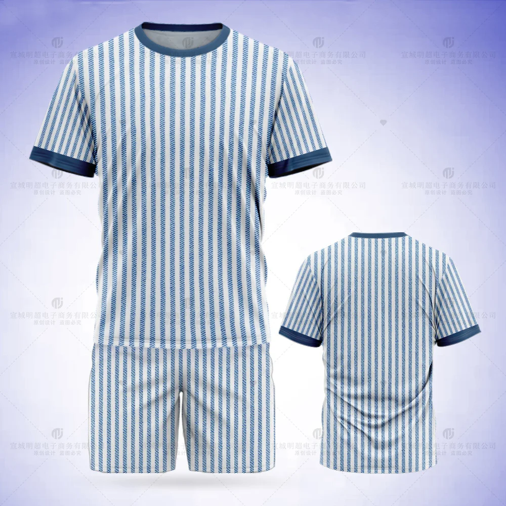 Simple Line Texture Pattern Men's T-Shirt Set Ladies Full Body Print Fashion Girls Short Sleeve Boys Tops Shirt Shorts 2 Pieces