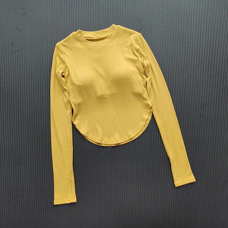 Women Solid Sport Shirts High Elastic Yoga Long Sleeve With Padded Bra Female Crop Top Quick Dry Sportswear Winter Breathable