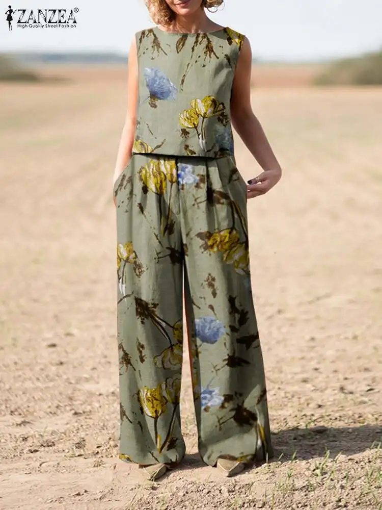 

ZANZEA 2pcs Summer Holiday Matching Sets Flroal Printed O-Neck Sleeveless Blouse And Wide Leg Pant Bohemian Casual Women Suit