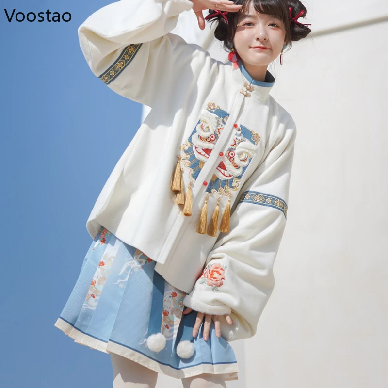 

Autumn Winter Kawaii Lolita Style Hanfu Skirt Set Women Embroidery Woolen Coat Tops Mini Pleated Skirt Suit Girls Sweet Costumes