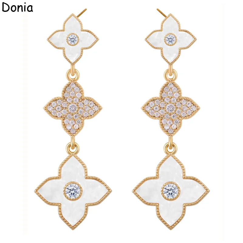 

Donia Jewelry Retro Shell Flowers Titanium Steel Micro-Inlaid AAA Zircon Silver Needle Luxury Long Earrings Gift