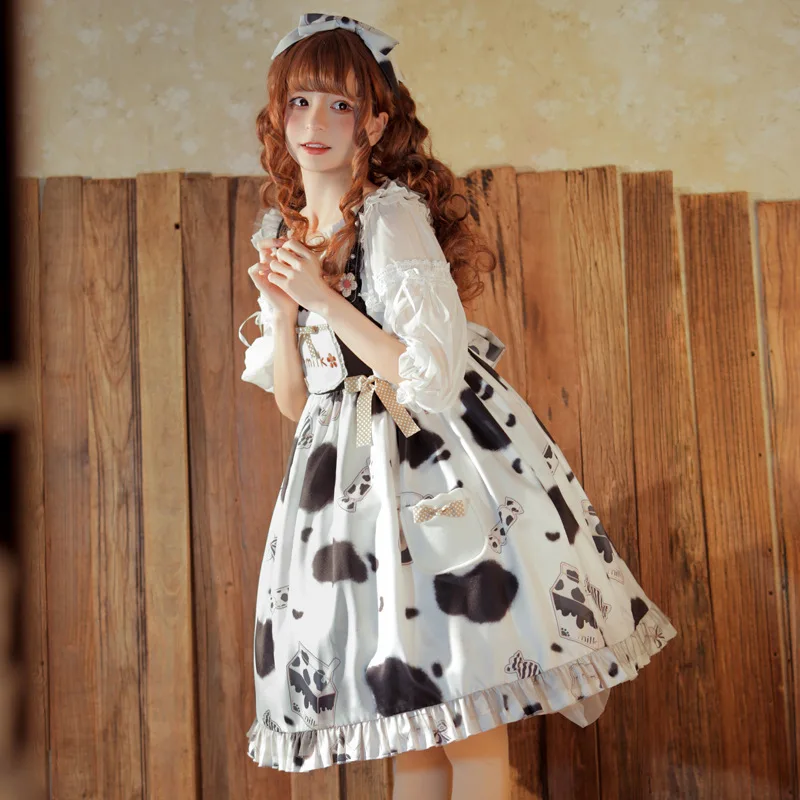 

Spring Sweet Milk Sugar Lolita Women Kawaii Girl Loli Jsk Braces Dress Sweet Lovely Flowers Bow Tie High Waist Dress Daily Dress