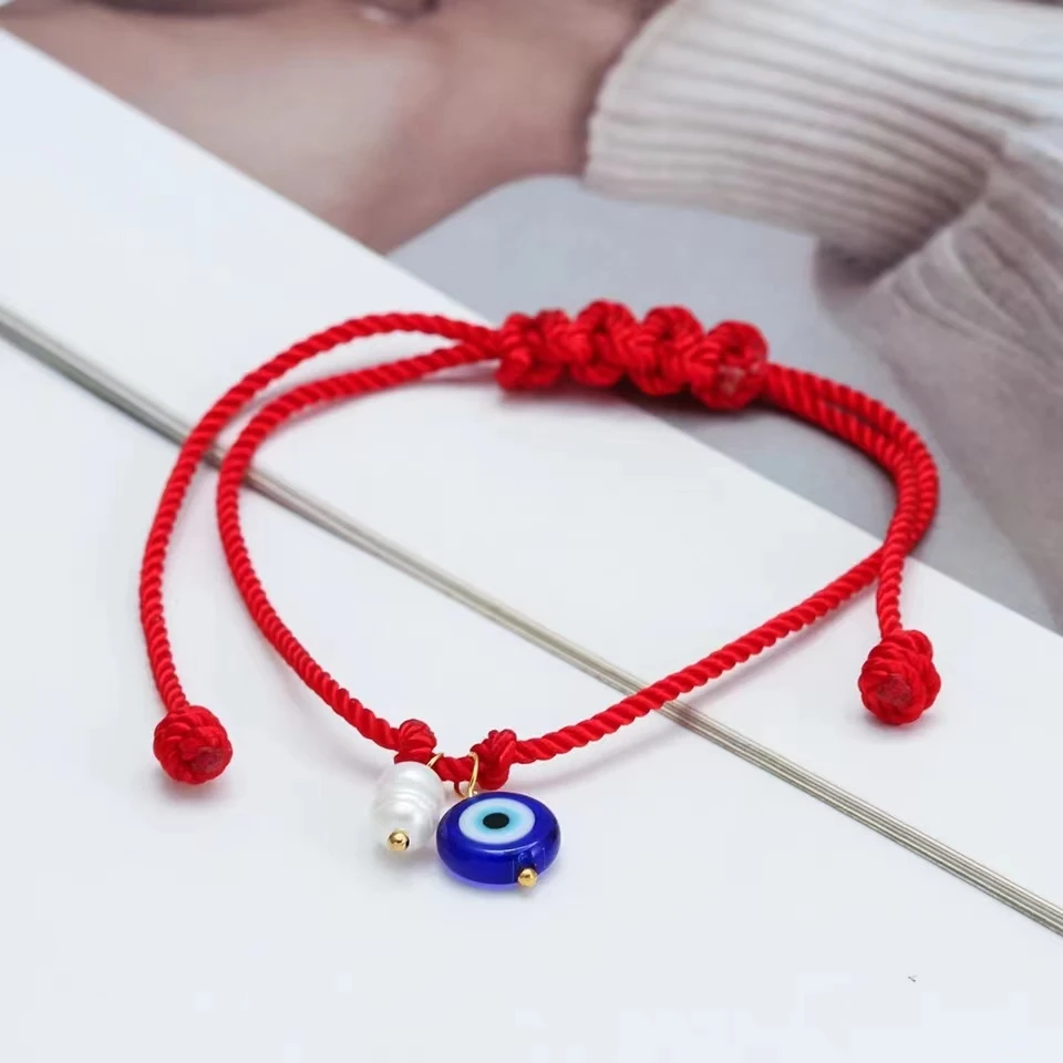 Cute Evil Eye Freshwater Pearl Bead Chram Bracelet For Women Men Beatiful Adjustable Red Bule Black White Rope