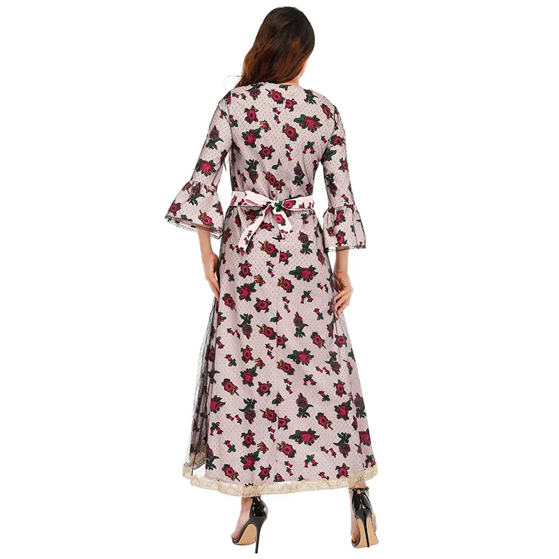 Donsignet Muslim Dress Muslim Fashion Abaya Dubai Printed Embroidered Lace Gauze Woman Abaya Elegant Long Dress Abaya Turkey