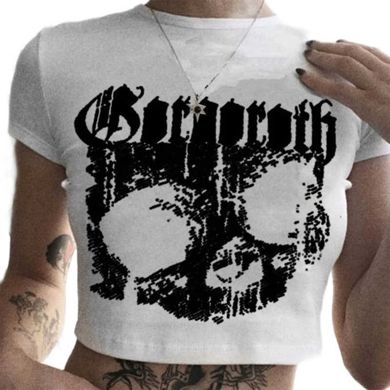 

Женский короткий топ с коротким рукавом, Готическая футболка в стиле Харадзюку, повседневная облегающая футболка в стиле панк с абстрактны...