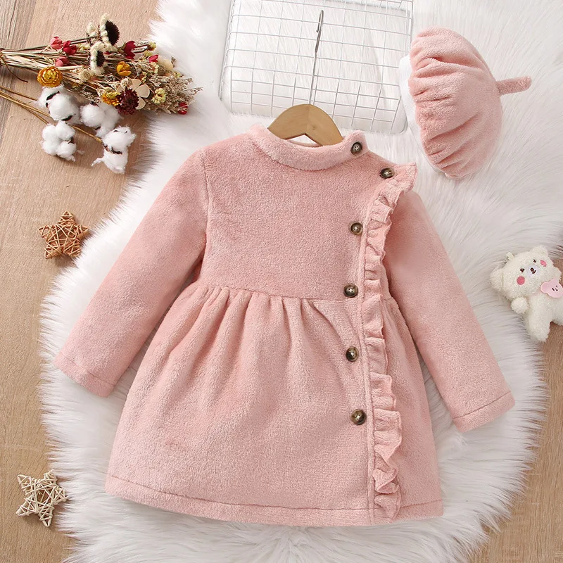 

Laura Kors Winter New Arrivals Girls Dress Long Sleeve O Neck Button Ruffles Pink Cute Sweet Baby Dress Vestidos 18M-6T