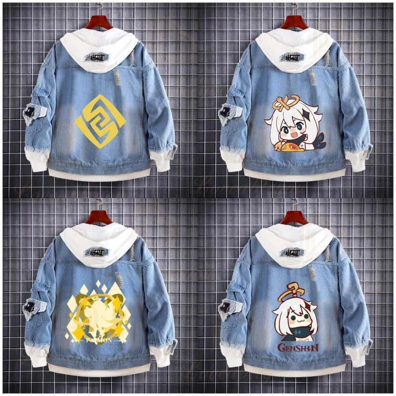 

Джинсовое пальто Genshin Impact для мужчин и женщин, Весенняя короткая куртка с длинным рукавом и карманами с принтом Klee Lisa Rosaria, новый стиль