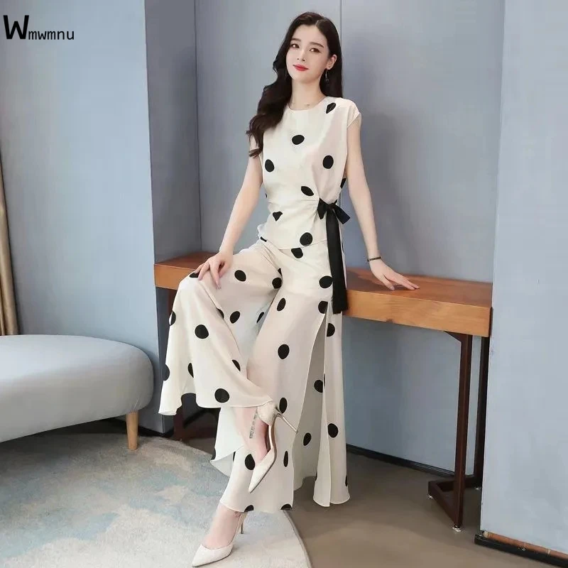 

Dot Printed Lace Up Bow Outfits Korean Elegant Chic 2 Piece Sets Short Sleeve Tops+High Waist Slit Wide Leg Pants Luxury Suit