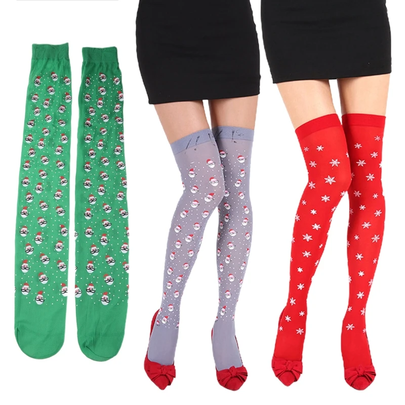 

Women Christmas Thigh High Stockings Snowflake Santa Claus Pattern Print Silky Over Knee Long Socks Holiday Cosplay Costume