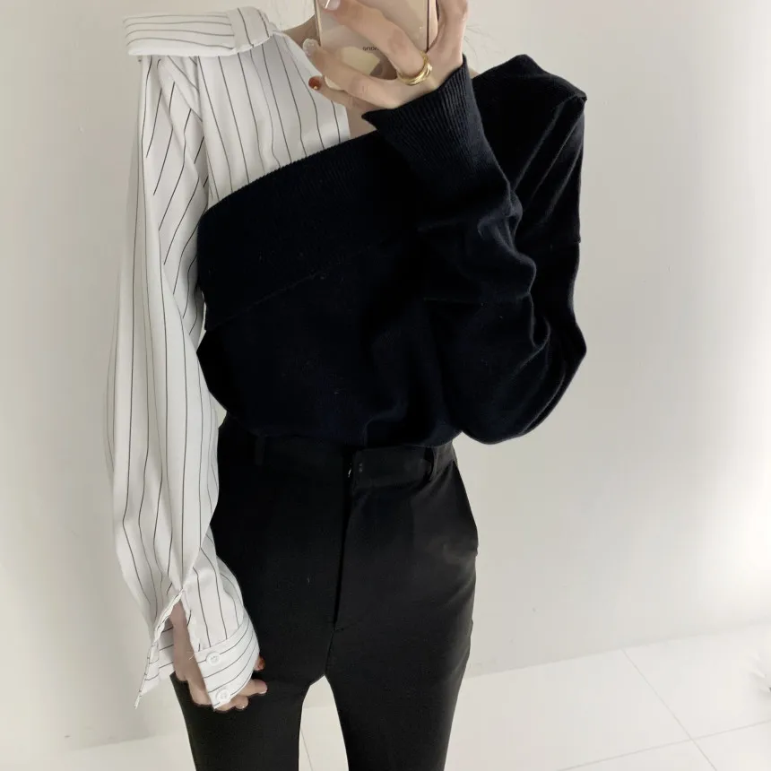 JSXDHK French Designer Chic Spring Black White Patchwork Blouses Fashion Women Sexy V Neck Hit Color Lantern Sleeve Shirts Tops images - 6