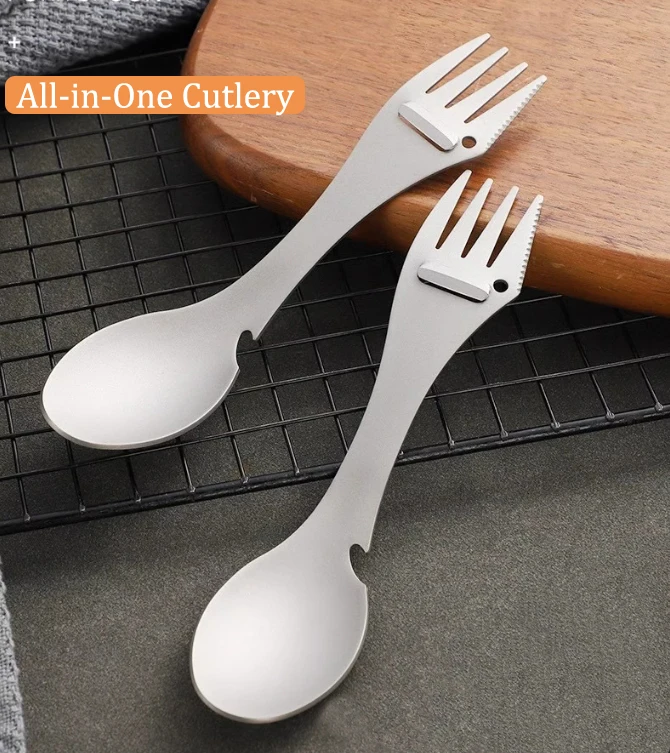 Титановый многофункциональный инструмент Spork Посуда 6-в-1 с ложкой, вилкой, ножом, открывателем для бутылок, подвесным отверстием и ножом Ультра-прочный (art.: 3920cfdd77f59) - 3920cfdd77f59