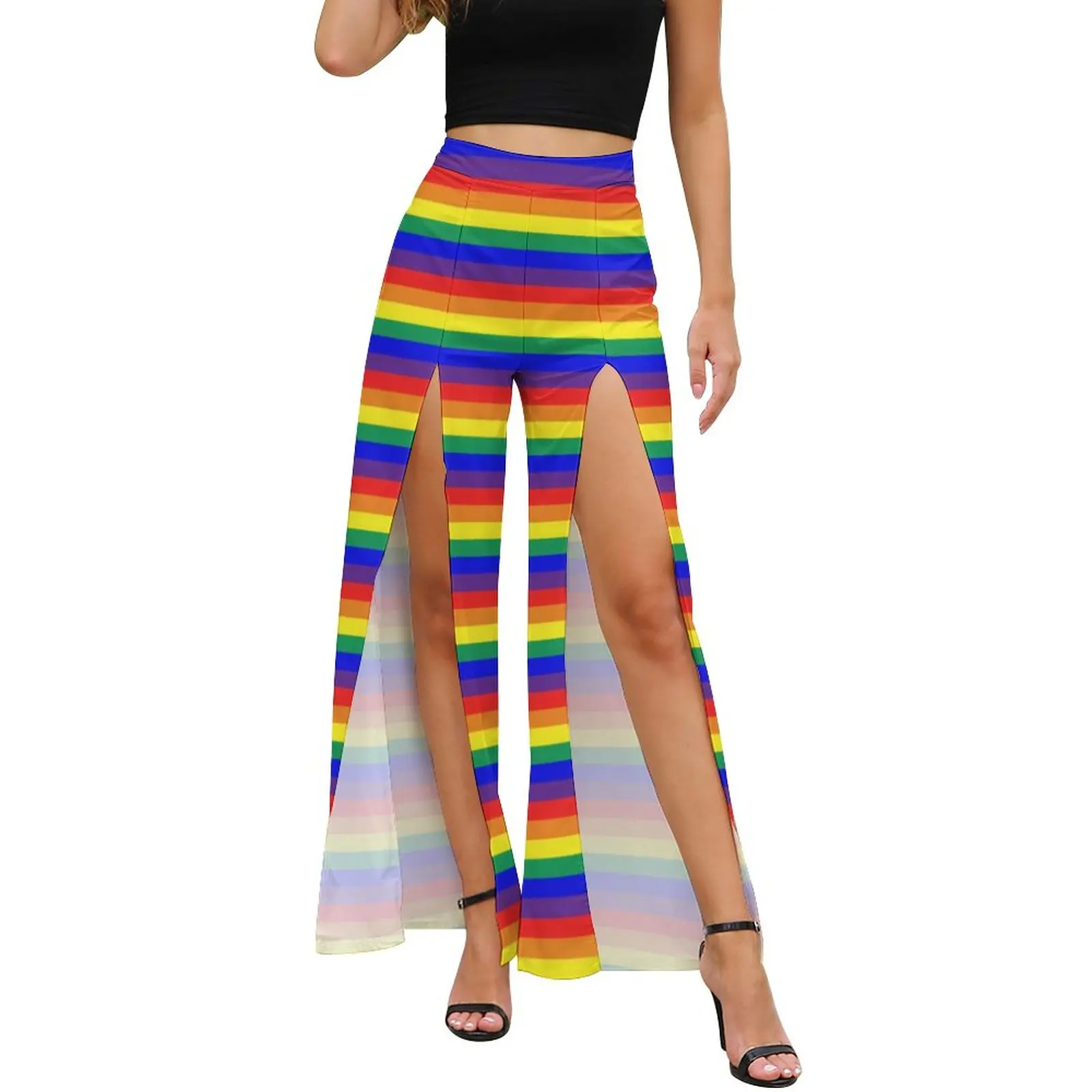 

Rainbow Stripes Pants Summer Classic Bright Pattern Casual Wide Pants Ladies Slit Aesthetic Pattern Trousers
