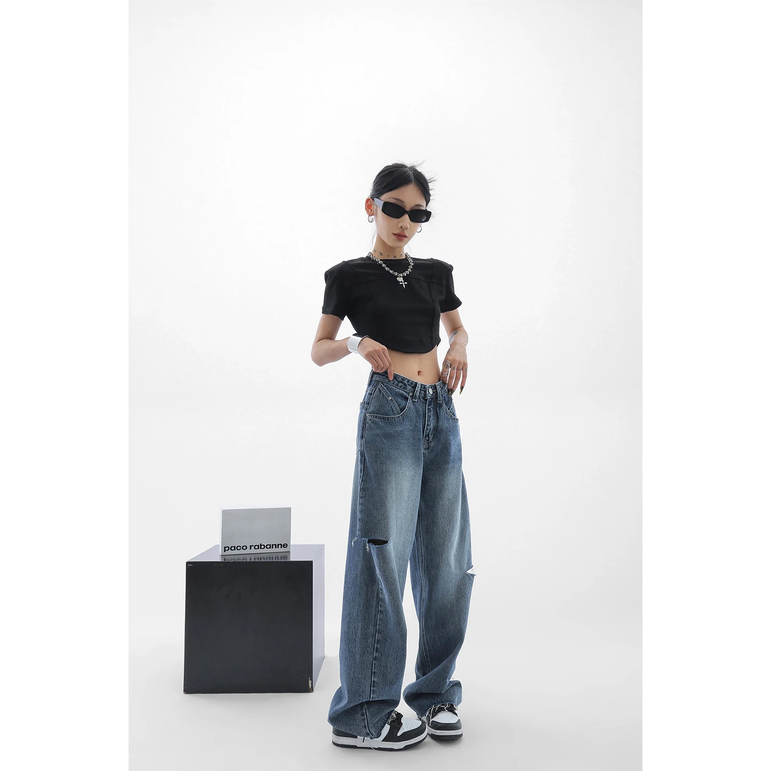 

Women's Jeans Y2K High Waist Ripped Denim Trousers Blue High Street Straight Casual Baggy Pants Wide Leg Jeans Female Oversize
