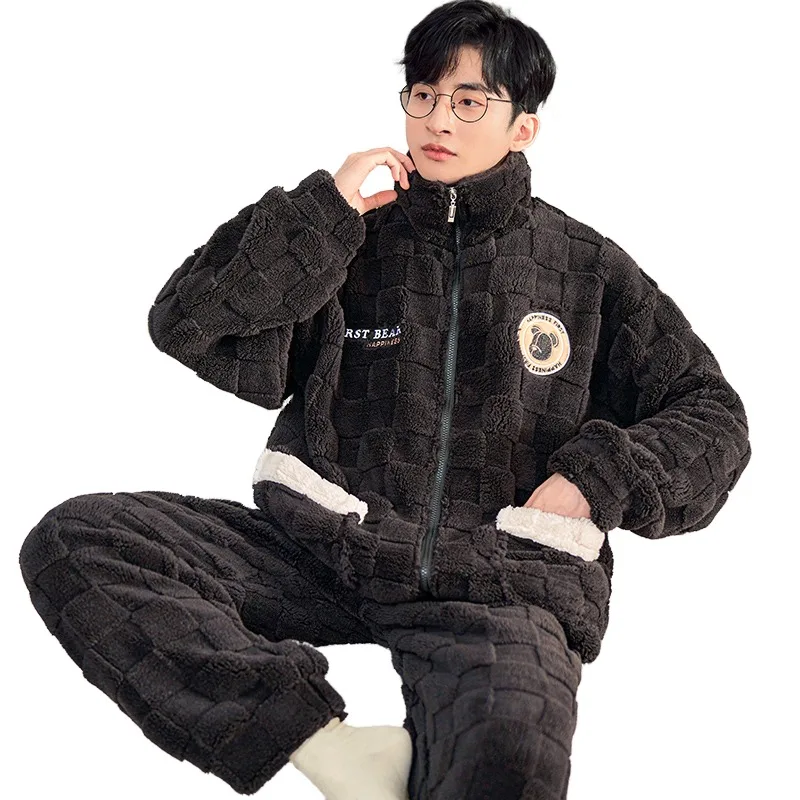 QUHENG Coral Fleece Pajamas Men Set Thicken Warm Autumn Winter Letter Zipper Home Clothes Suits Thick Warm Pijamas Sleepwear