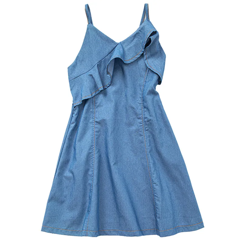 

4 to 14 years kids teen girls summer denim cotton jeans sleeveless ruffle dress child girl fashion vacation beach blue dresses