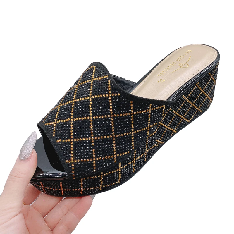 Fashion Open-Toe Wedge Sandals 2023 New Arrival Thick Wedge Heel Strap Women's Shoes Shiny Bow Shiny Sandals Women