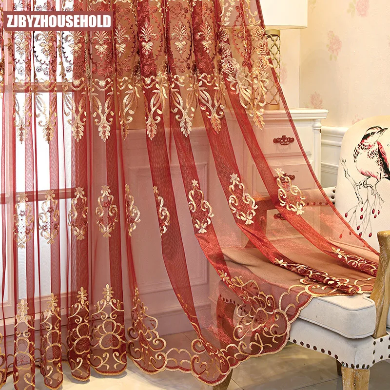 

Red Luxury Embroidery Tulle Curtains for Living Room Golden Thread Embroidery Yarn Drapes Curtain for Bedroom Balcon