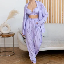 Silk Satin Sleepwear Women Autumn Pajamas Set Long Sleeves Summer V-neck Nightwear Bra Top Pijama Homewear Clothes Loungewear