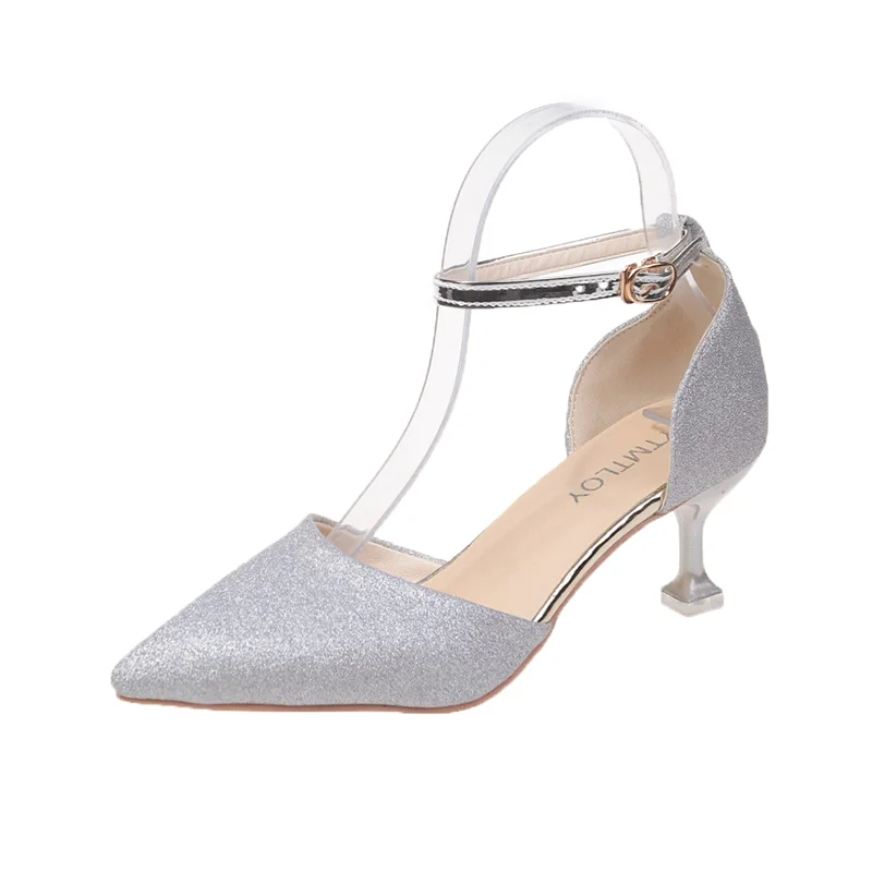 

Туфли-лодочки женские на высоком каблуке, заостренный носок, ремешок на щиколотке, свадебная обувь, серебристые сандалии, Корейская версия