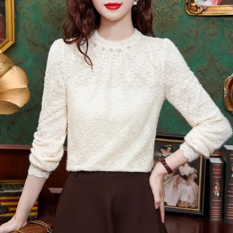 Новая кружевная женская блузка с круглым вырезом и бисером длинным рукавом