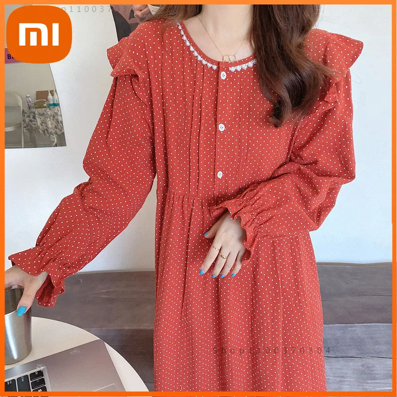 

Хлопковая ночная рубашка Xiaomi, женская ночная рубашка в горошек, длинная ночная рубашка, осенняя ночная рубашка, свободная повседневная одеж...