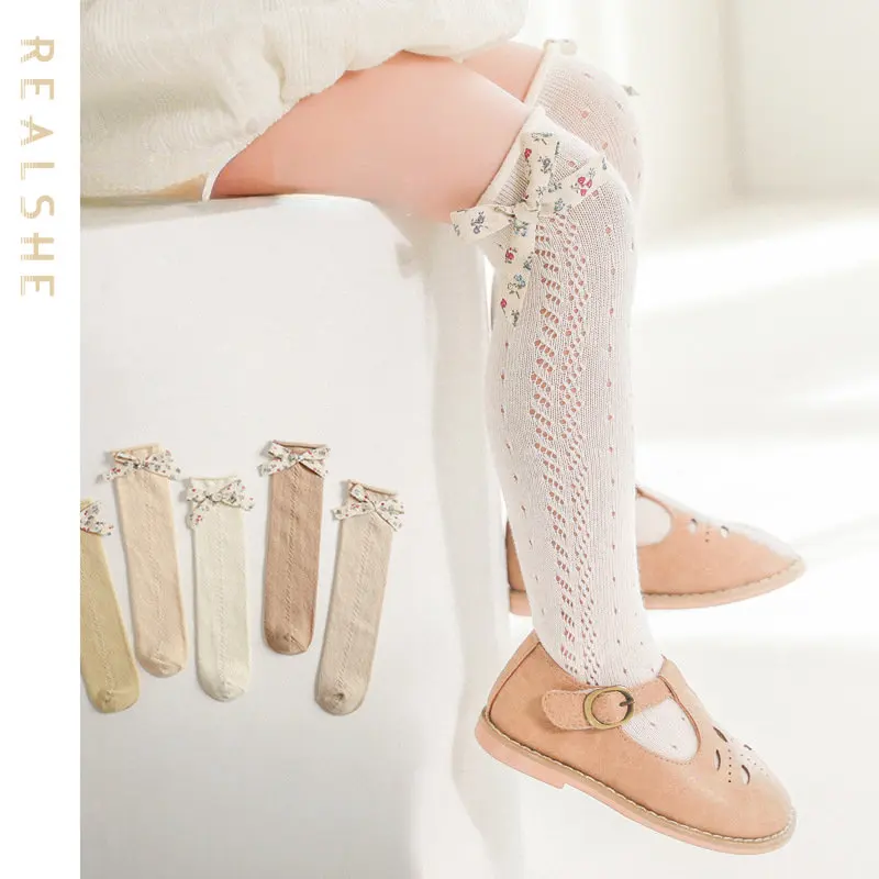

2023 Kids Socks Toddlers Girls Floral Print Bow Knee High Long Soft Baby Stockings Sweet Kids Girls Breathable Socks
