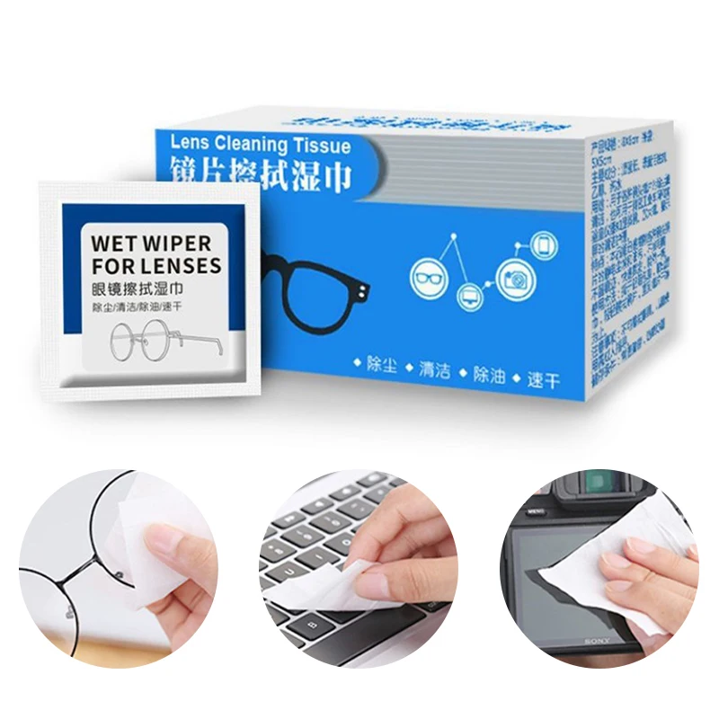 

100pcs/Box Glasses Cleaner Wet Wipe Disposable Anti Fog Misting Dust Remover Cleaning Lens Wipes Sunglasses Phone Screen