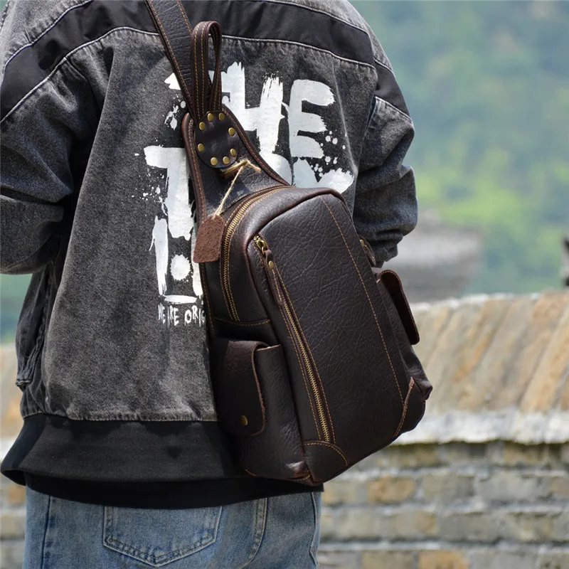 Retro Fashion Crazy Horse cowhide Men Chest Bag Simple Casual Outdoor Work Weekend Travel Teenager genuine leather Messenger Bag
