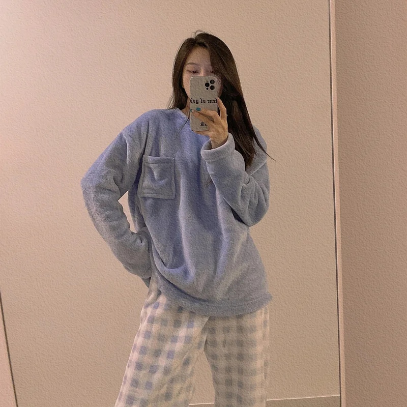 Flannel Plaid Pajamas for Women Autumn and Winter Can Be Worn outside Coral Fleece Home Wear womens pajamas