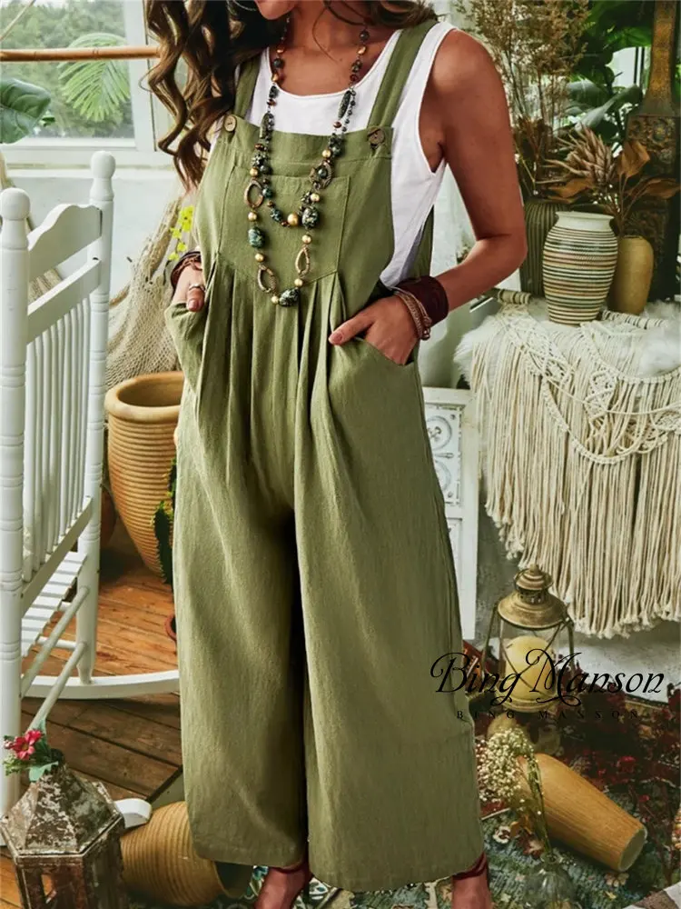 

New Women Casual Bib Overall Summer Sleeveless Wide-leg Solid Loose Jumpsuit Pockets Playsuit Overalls Wide Leg Cropped Pants