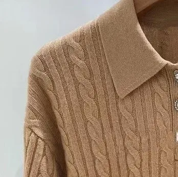 

Women Sweater Turn down Collar Long Sleeve Diamond Buttons Knitted Pullover