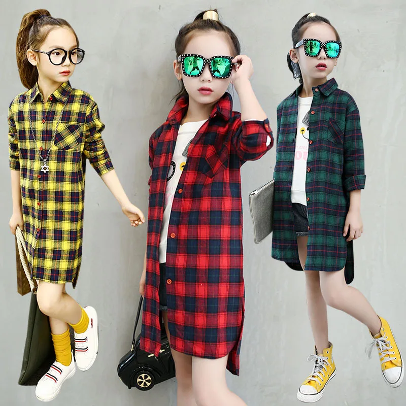 

Fashion Spring Autumn Kids Long Blouse for Girls Plaid Tops Long Sleeve Children's Cotton Shirts Casual Teenage School Clothes