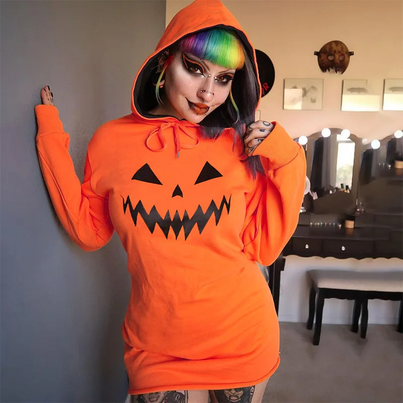 

Pumpkin Print Long Sleeve Drawstring Hoodie Womens Dresses Orange Fashion Halloween Woman Clothing Street Female Dress