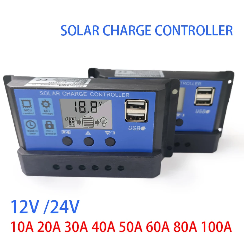 

Solar Charge And Discharge Controller 12V 24V 60A 50A 40A 30A 20A 10A Automotive LCD Solar 5V Regulator With Dual USB.