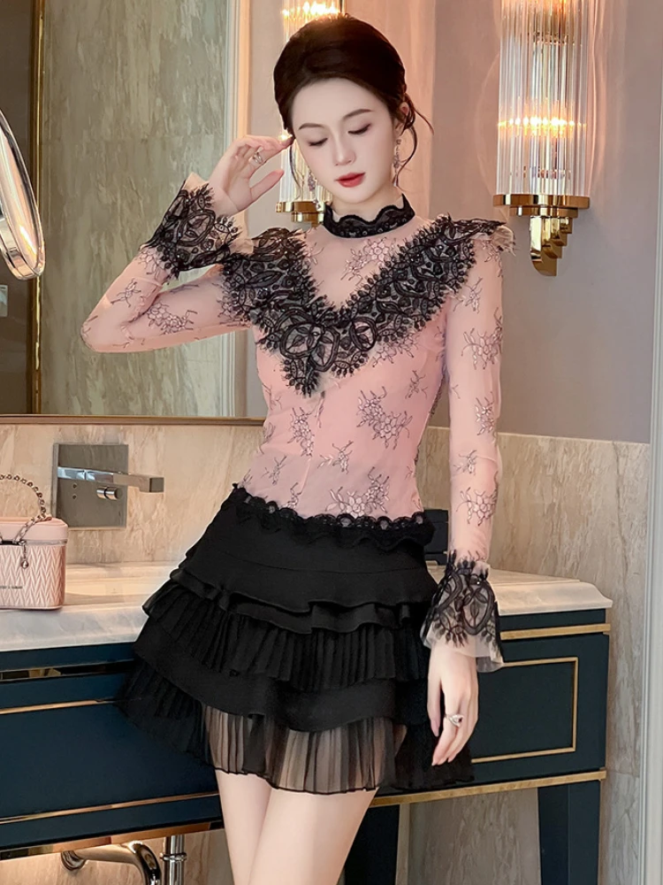 Сексуальная кружевная рубашка весна 2024 3D Gouhua микропрозрачная облегающая для