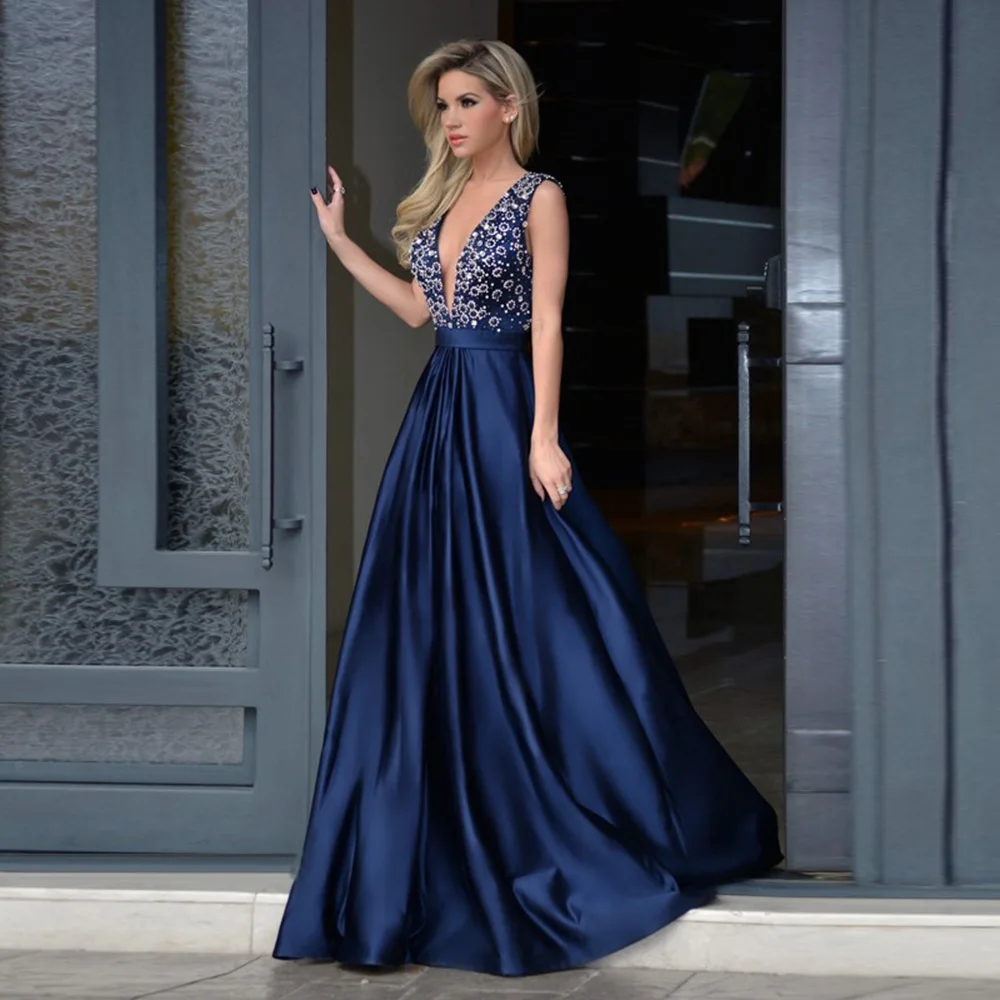 

Navy Blue Sequin Crystal Beads Formal Evening Dresses Stain Elegant Floor Length Prom Party Gowns Sleeveless 2023 Backless Gowns